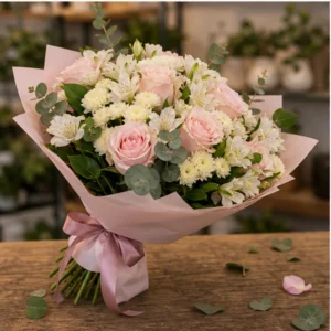 Buchet flori Valentine's Day dulce cu roz pal si crem - poza 3