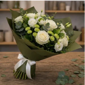 Buchet flori Valentine's Day elegant cu trandafiri albi si santini - poza 3