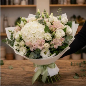 Buchet flori Valentine's Day natural cu hortensie alba - poza 2