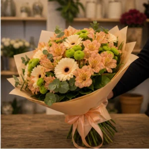 Buchet flori Valentine's Day piersica cu alstroemeria si gerbera - poza 2