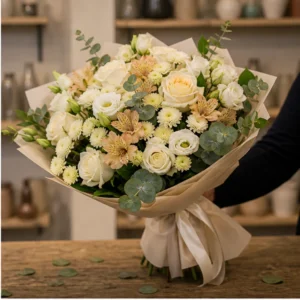 Buchet flori Valentine's Day premium champagne cu trandafiri crem - poza 2