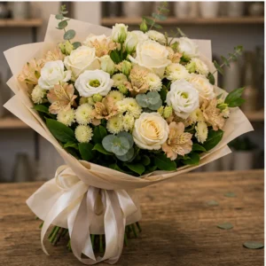 Buchet flori Valentine's Day premium champagne cu trandafiri crem - poza 3
