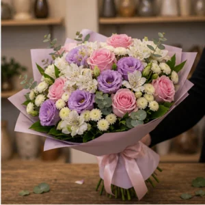 Buchet flori Valentine's Day premium lila roz cu lisianthus - poza 2