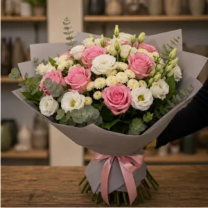 Buchet flori Valentine's Day romantic discret cu trandafiri roz - poza 2