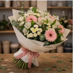 Buchet flori Valentine's Day roz pudrat cu gerbera si santini - poza 3