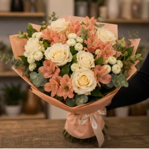 Buchet flori Valentine's Day somon cu trandafiri crem - poza 2