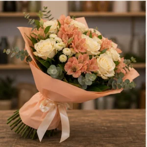Buchet flori Valentine's Day somon cu trandafiri crem - poza 3