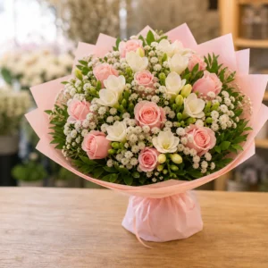 Buchet frezii albe si trandafiri roz pal - poza 2