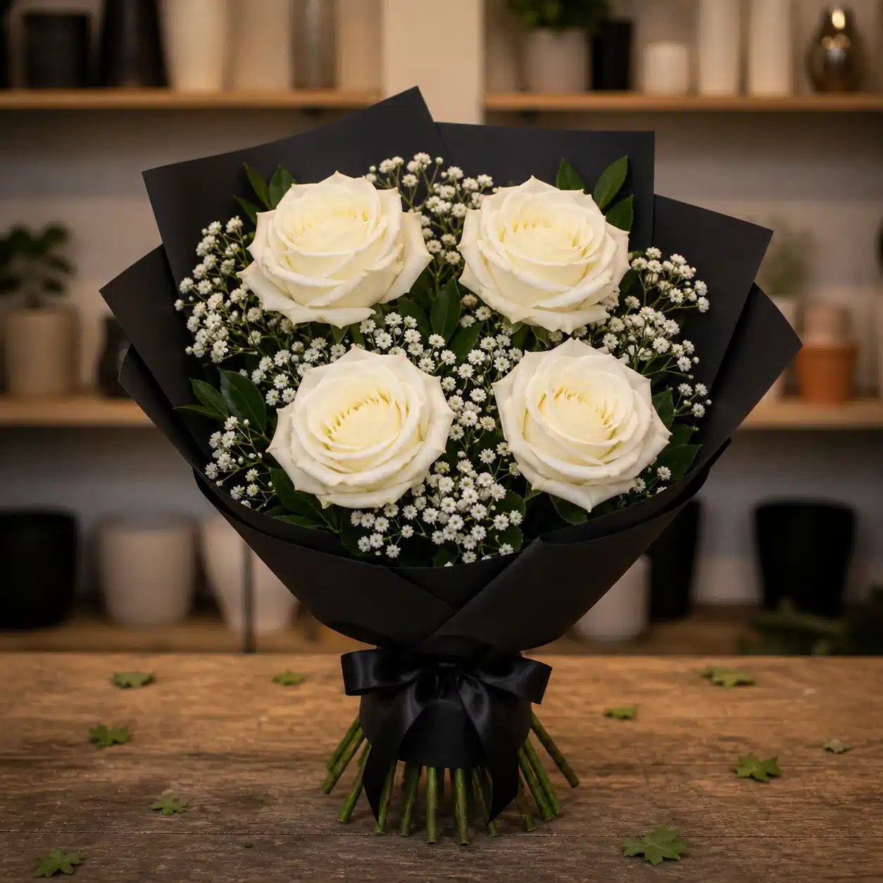 Buchet funerar din 4 trandafiri albi si gipsofila alba cu ambalaj negru - poza 1