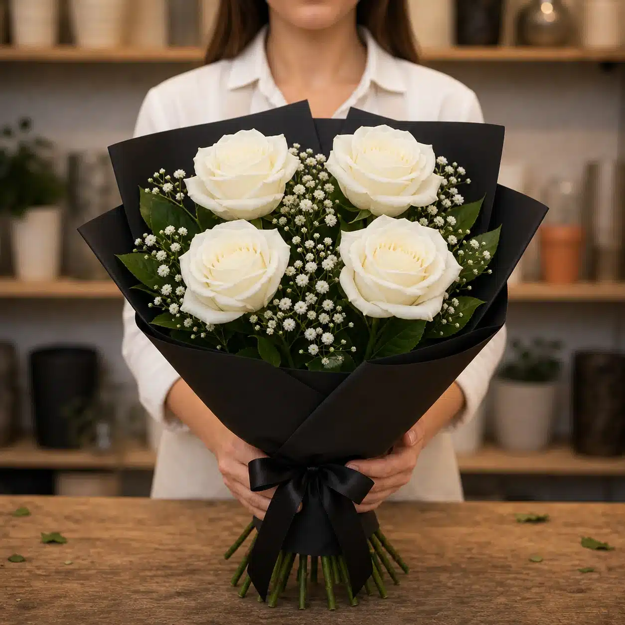 Buchet funerar din 4 trandafiri albi si gipsofila alba cu ambalaj negru - poza 3