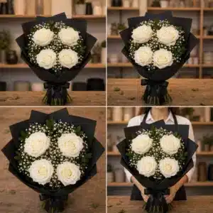 Buchet funerar din 4 trandafiri albi si gipsofila alba cu ambalaj negru - poza 4