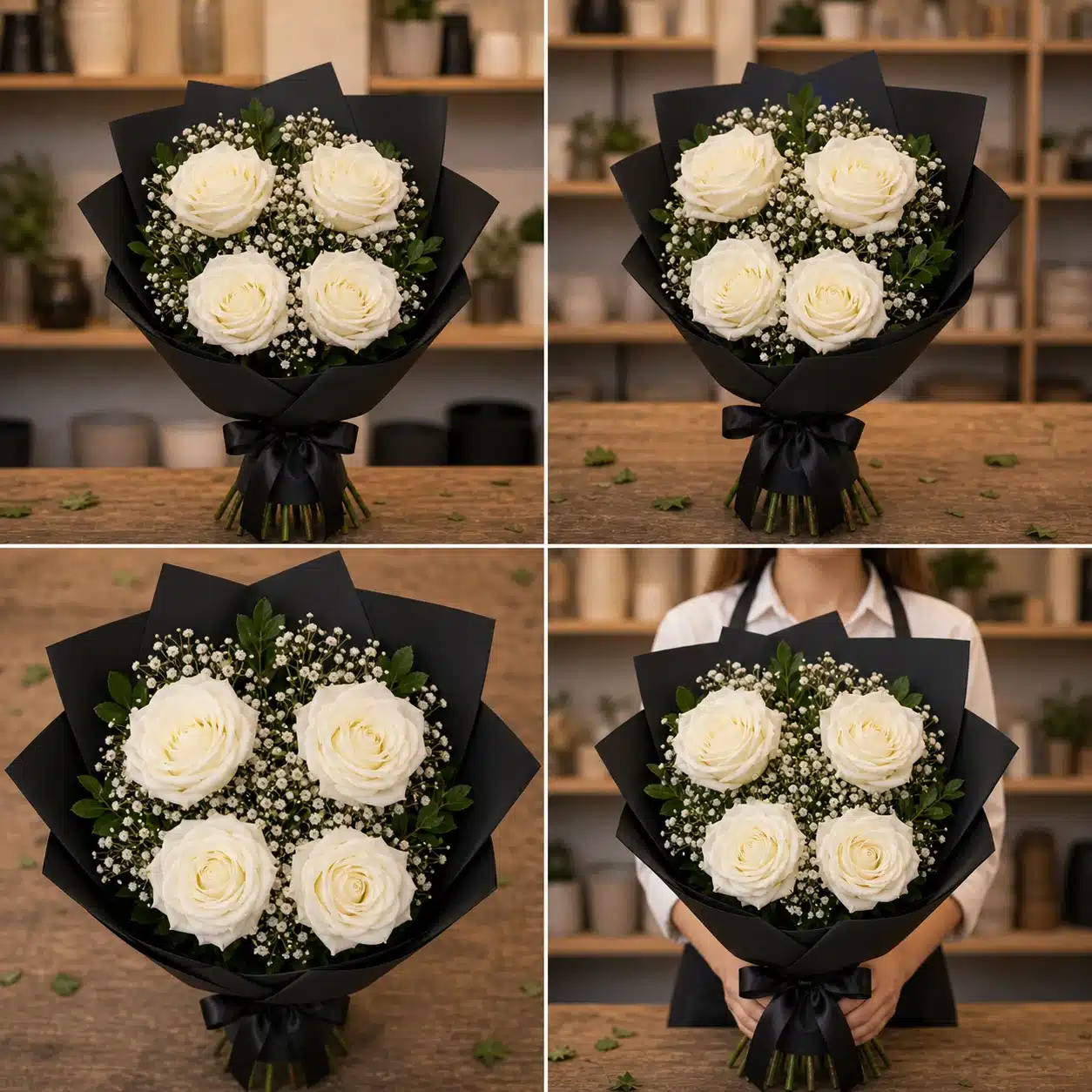 Buchet funerar din 4 trandafiri albi si gipsofila alba cu ambalaj negru - poza 4