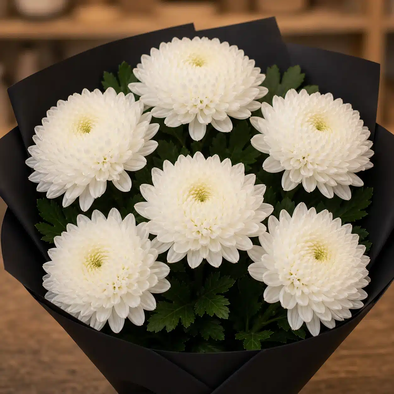 Buchet funerar din 6 crizanteme albe cu ambalaj negru - poza 2