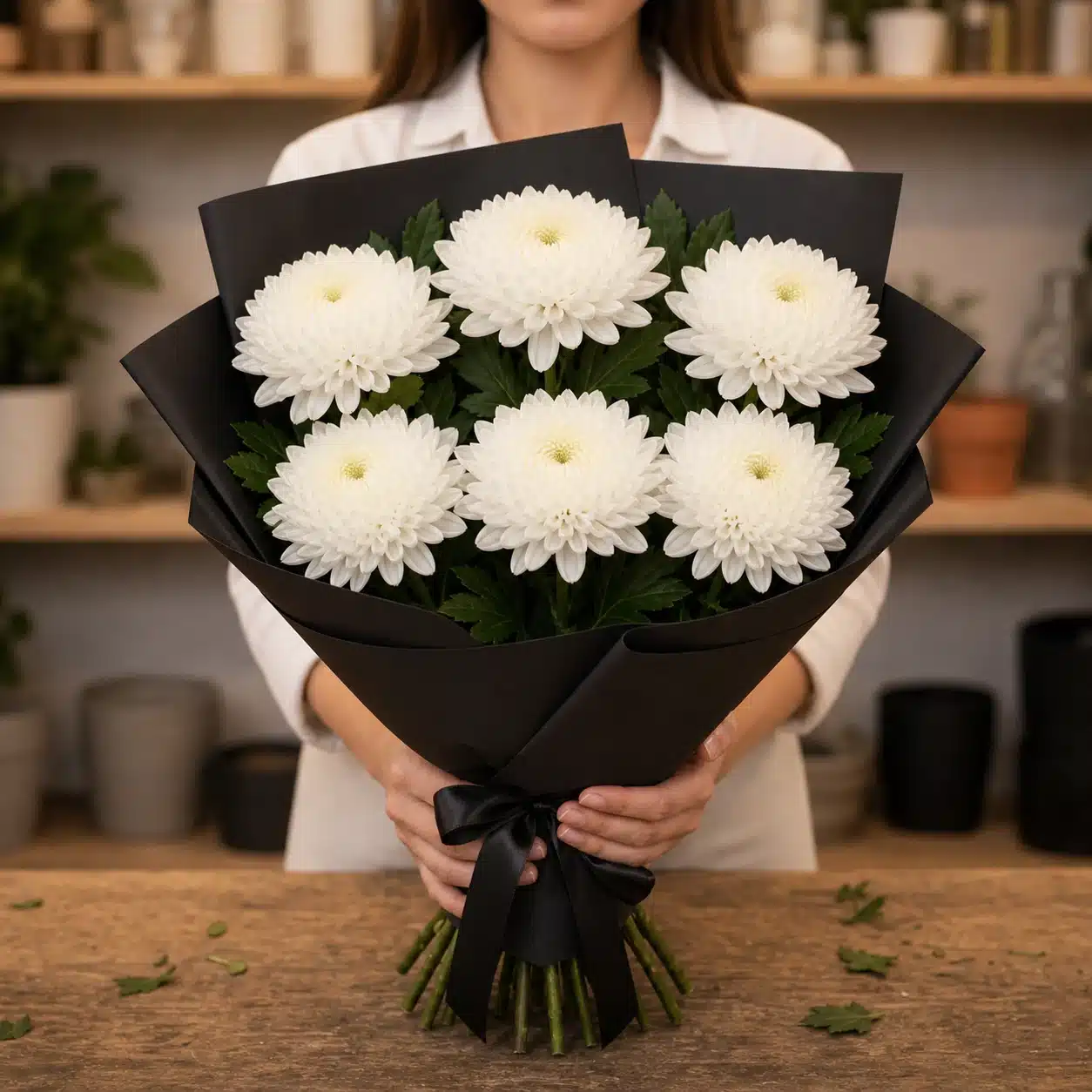 Buchet funerar din 6 crizanteme albe cu ambalaj negru - poza 3