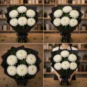 Buchet funerar din 6 crizanteme albe cu ambalaj negru - poza 4