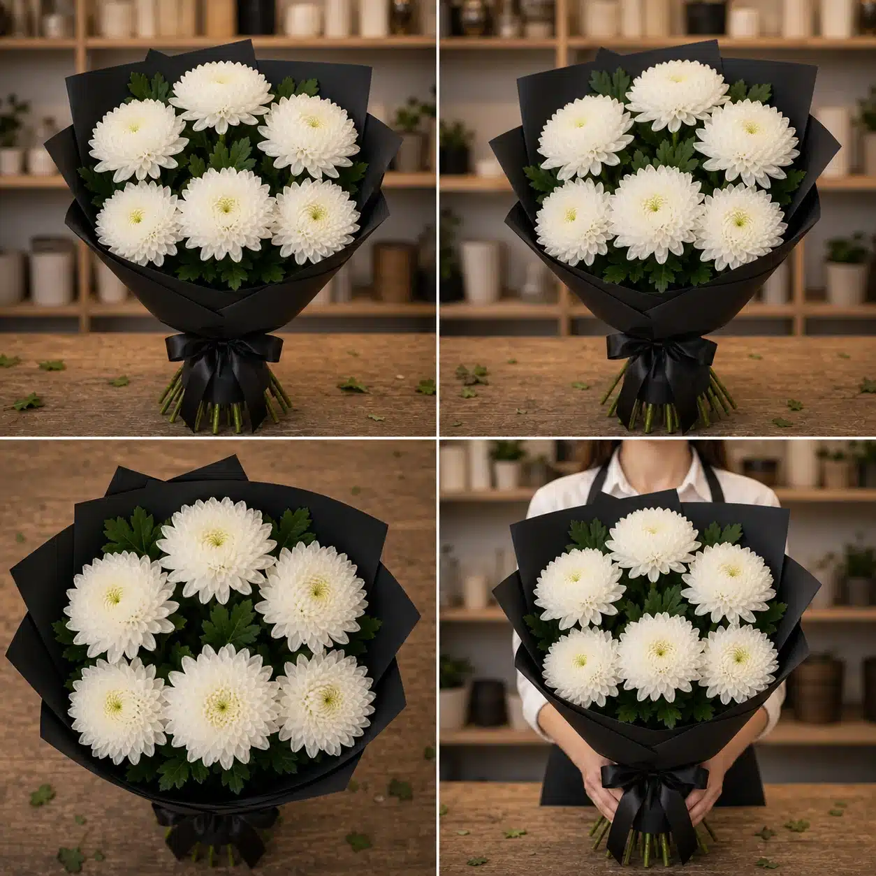 Buchet funerar din 6 crizanteme albe cu ambalaj negru - poza 4