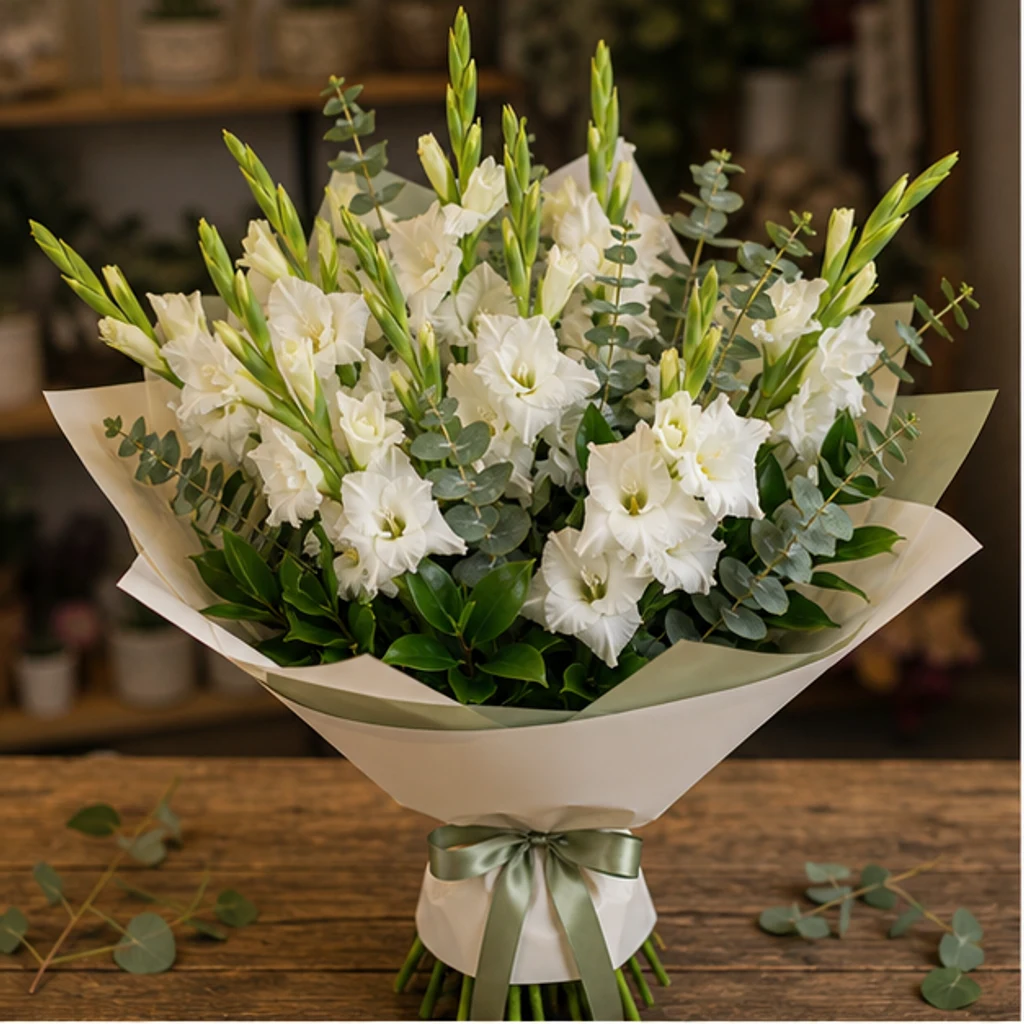 Buchet gladiole albe cu salal - poza 1