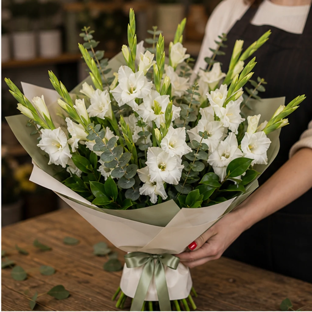 Buchet gladiole albe cu salal - poza 2