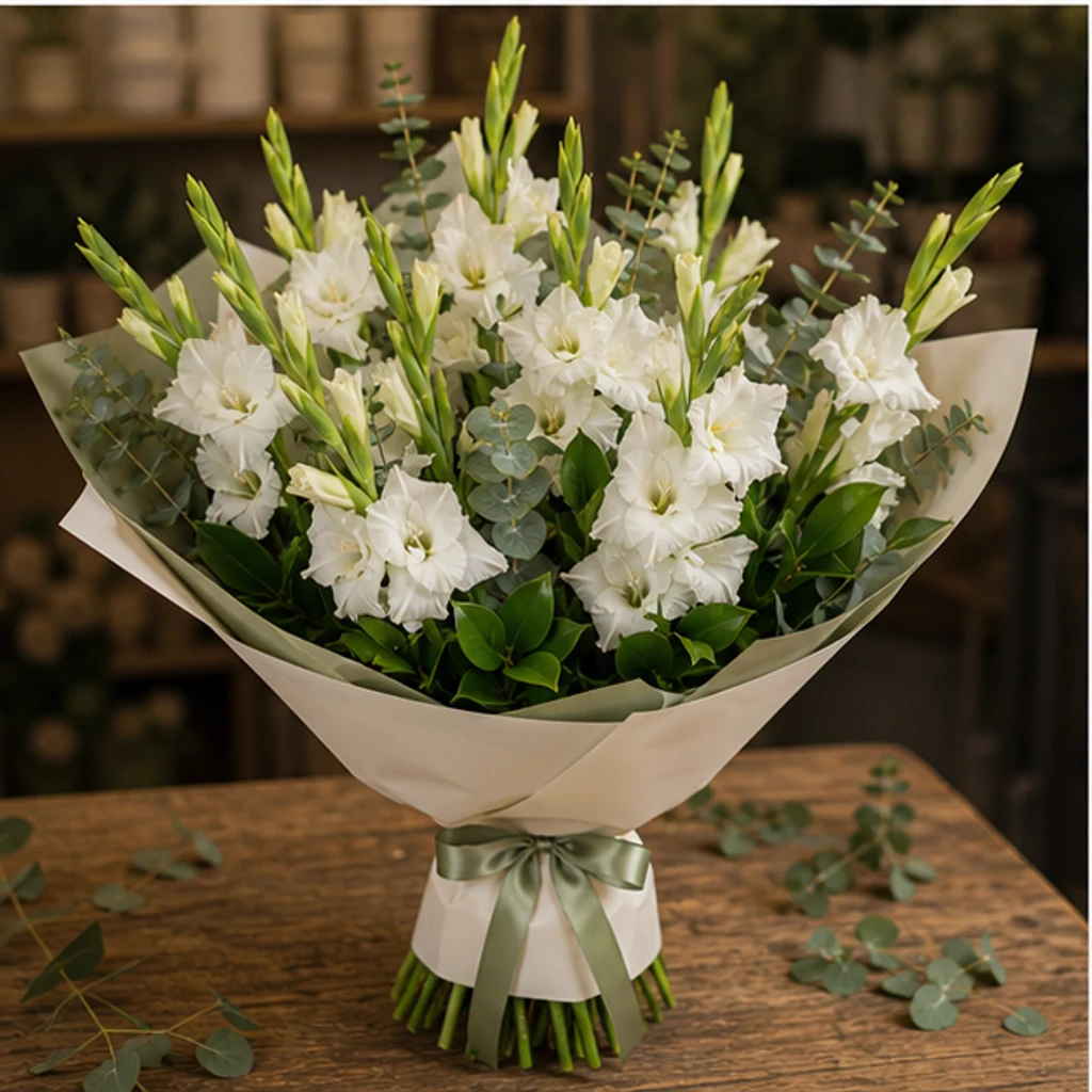 Buchet gladiole albe cu salal - poza 3