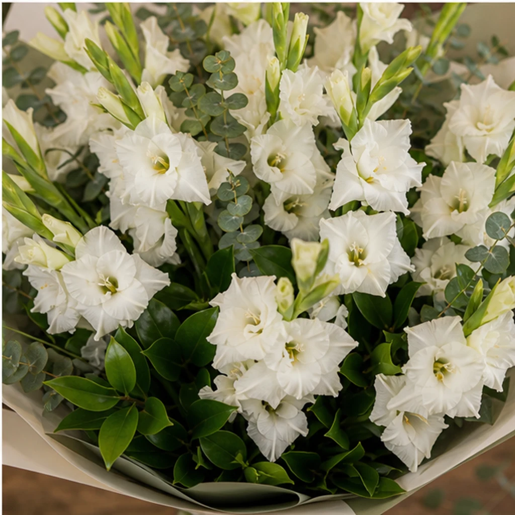 Buchet gladiole albe cu salal - poza 4