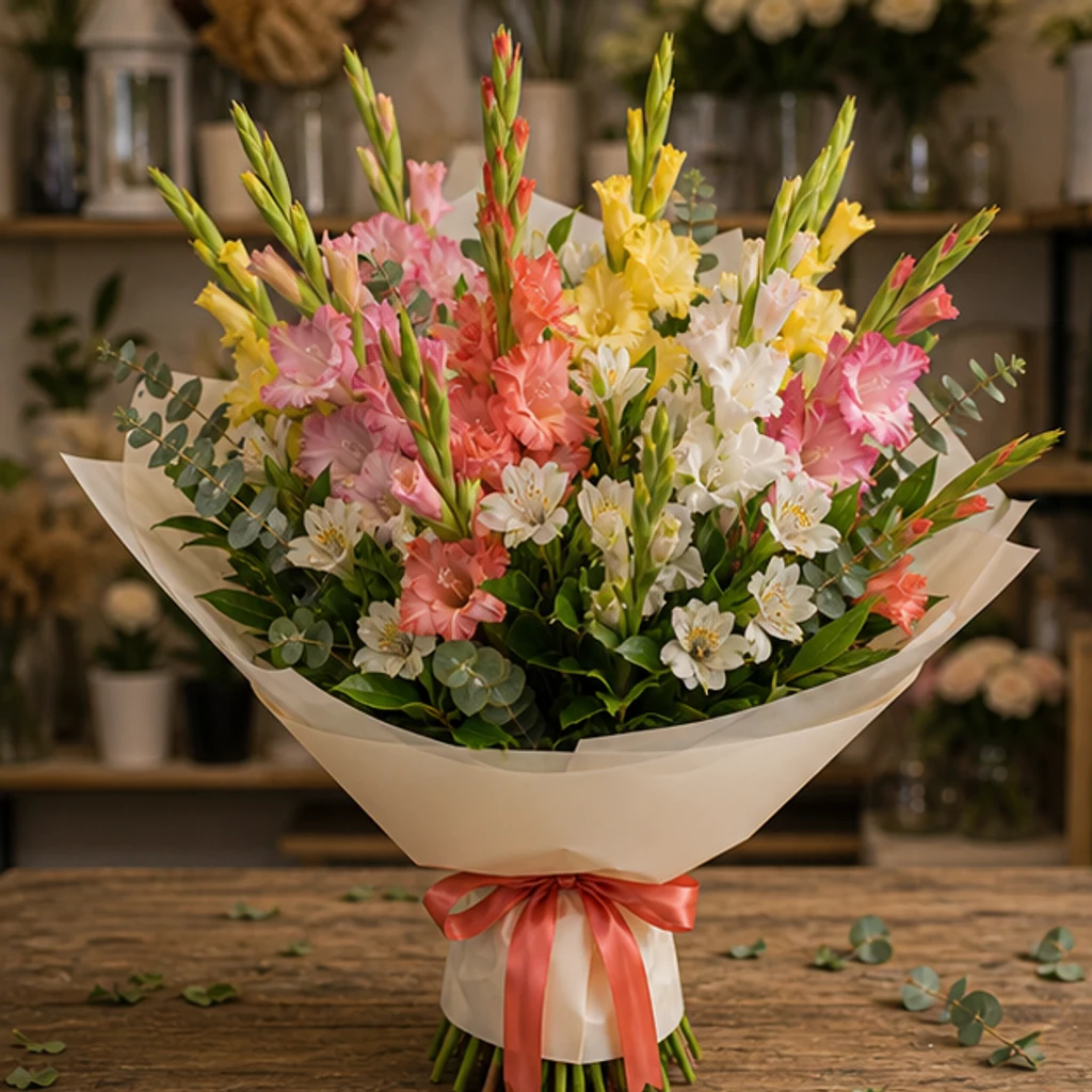 Buchet gladiole colorate cu alstroemeria alba - poza 1