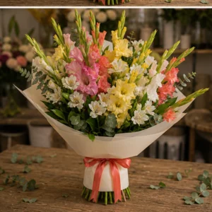 Buchet gladiole colorate cu alstroemeria alba - poza 3