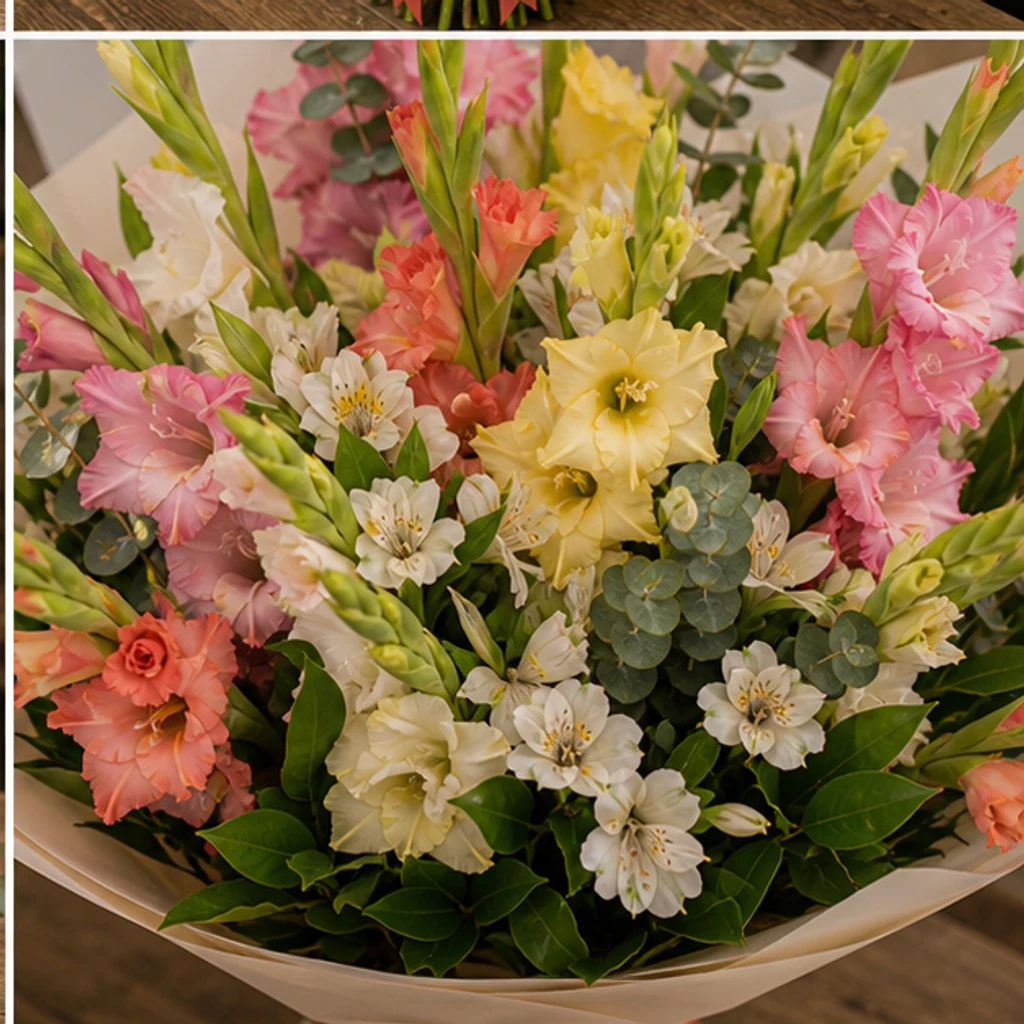 Buchet gladiole colorate cu alstroemeria alba - poza 4
