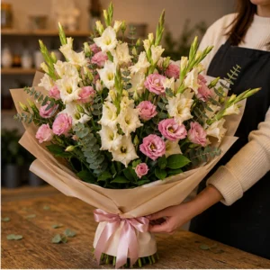Buchet gladiole crem cu lisianthus roz - poza 2