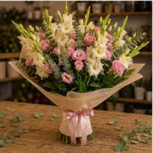 Buchet gladiole crem cu lisianthus roz - poza 3