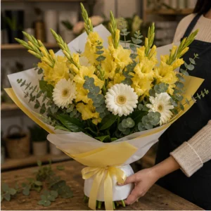 Buchet gladiole galbene cu gerbera alba - poza 2