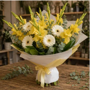 Buchet gladiole galbene cu gerbera alba - poza 3