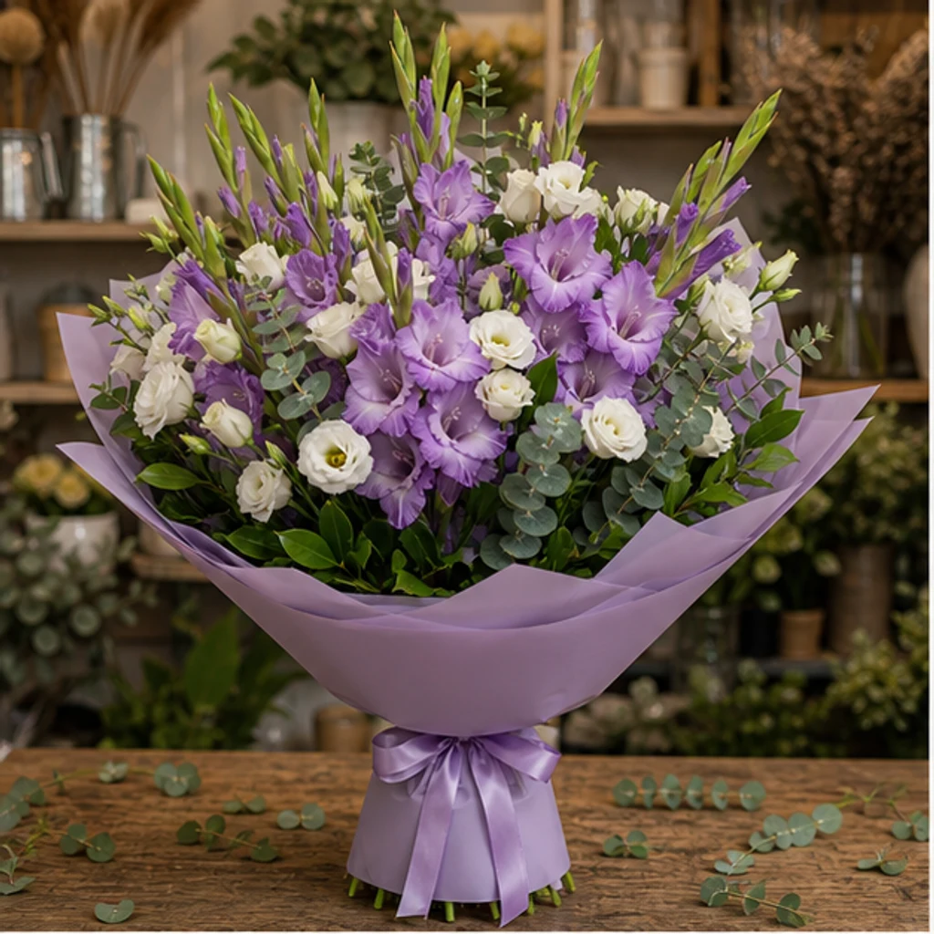 Buchet gladiole lila cu lisianthus alb - poza 1