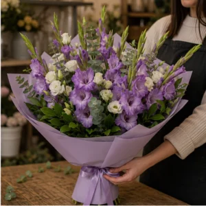 Buchet gladiole lila cu lisianthus alb - poza 2