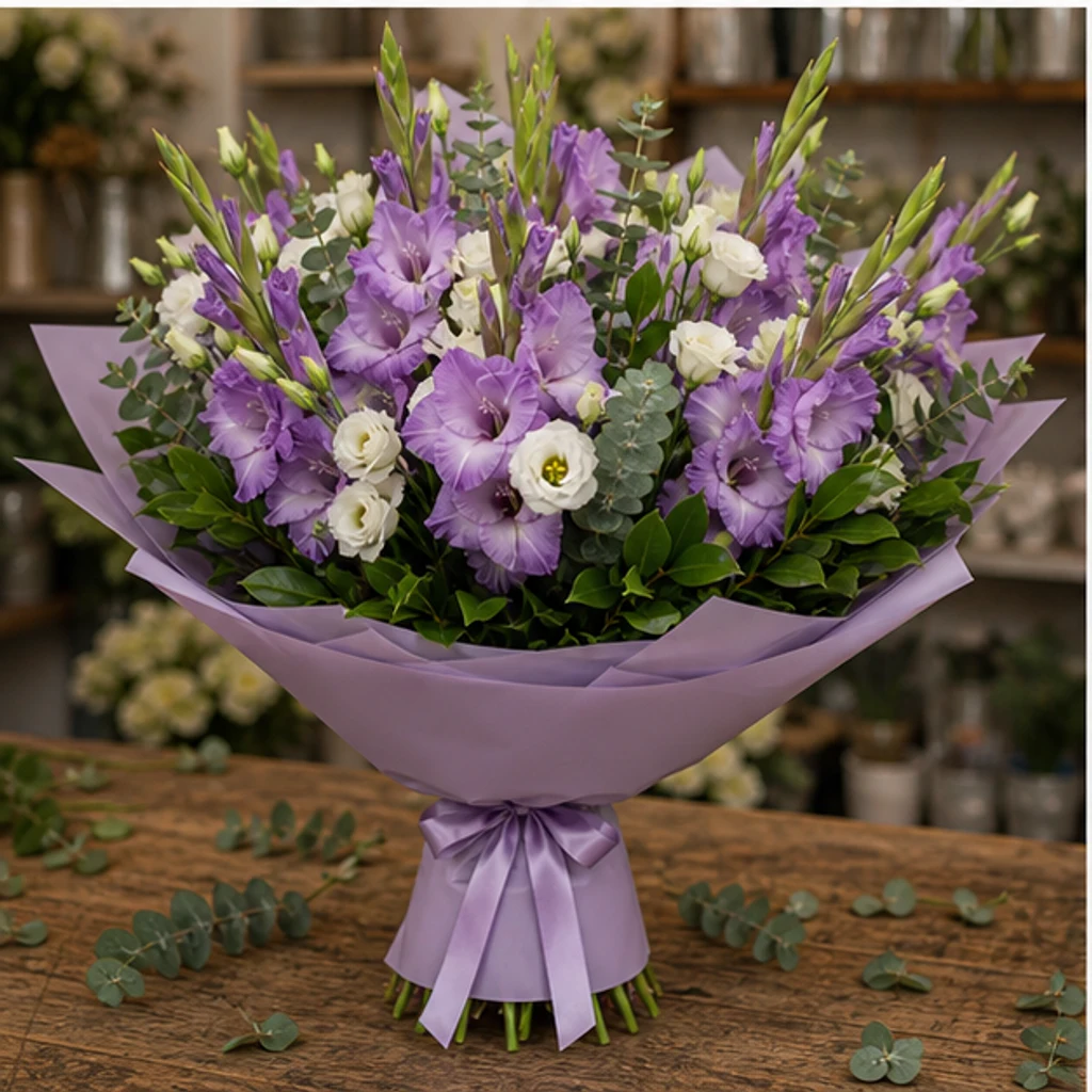 Buchet gladiole lila cu lisianthus alb - poza 3