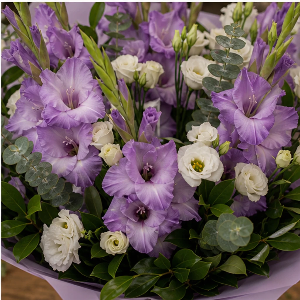 Buchet gladiole lila cu lisianthus alb - poza 4