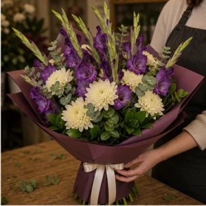 Buchet gladiole mov cu crizanteme crem - poza 2