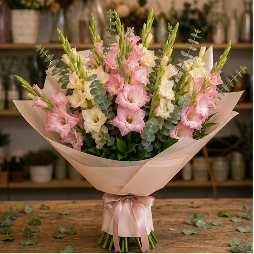 Buchet gladiole pastel cu eucalipt - poza 1