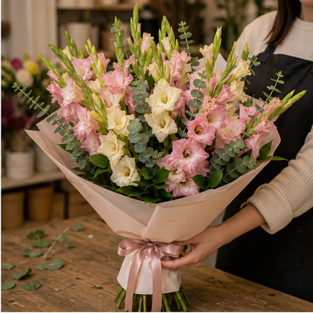 Buchet gladiole pastel cu eucalipt - poza 2