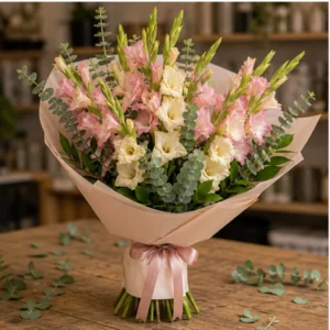 Buchet gladiole pastel cu eucalipt - poza 3