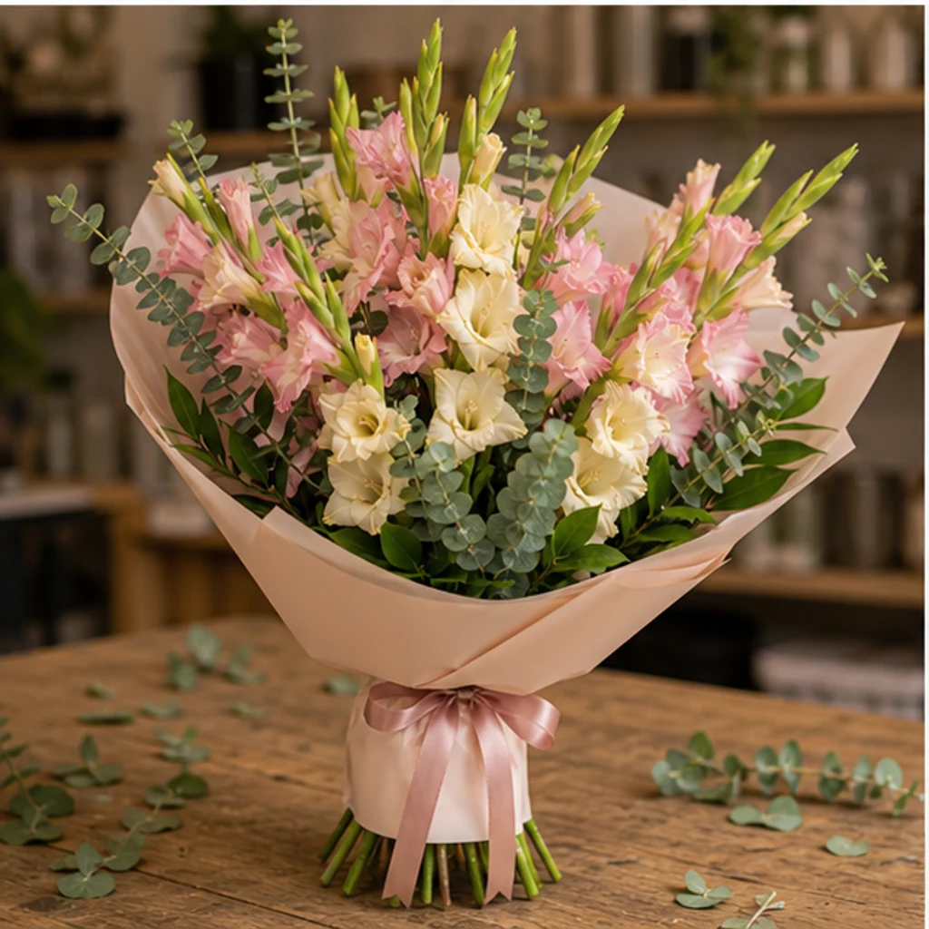 Buchet gladiole pastel cu eucalipt - poza 3