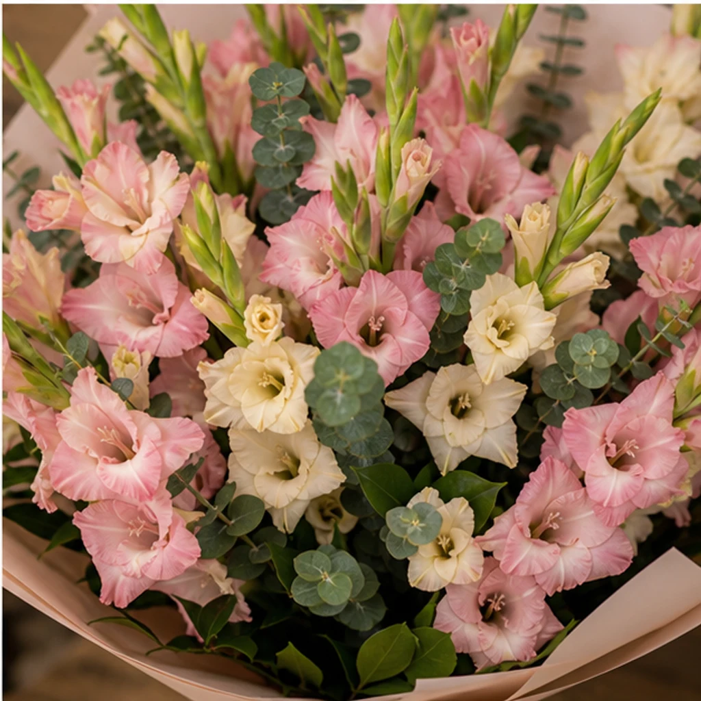 Buchet gladiole pastel cu eucalipt - poza 4