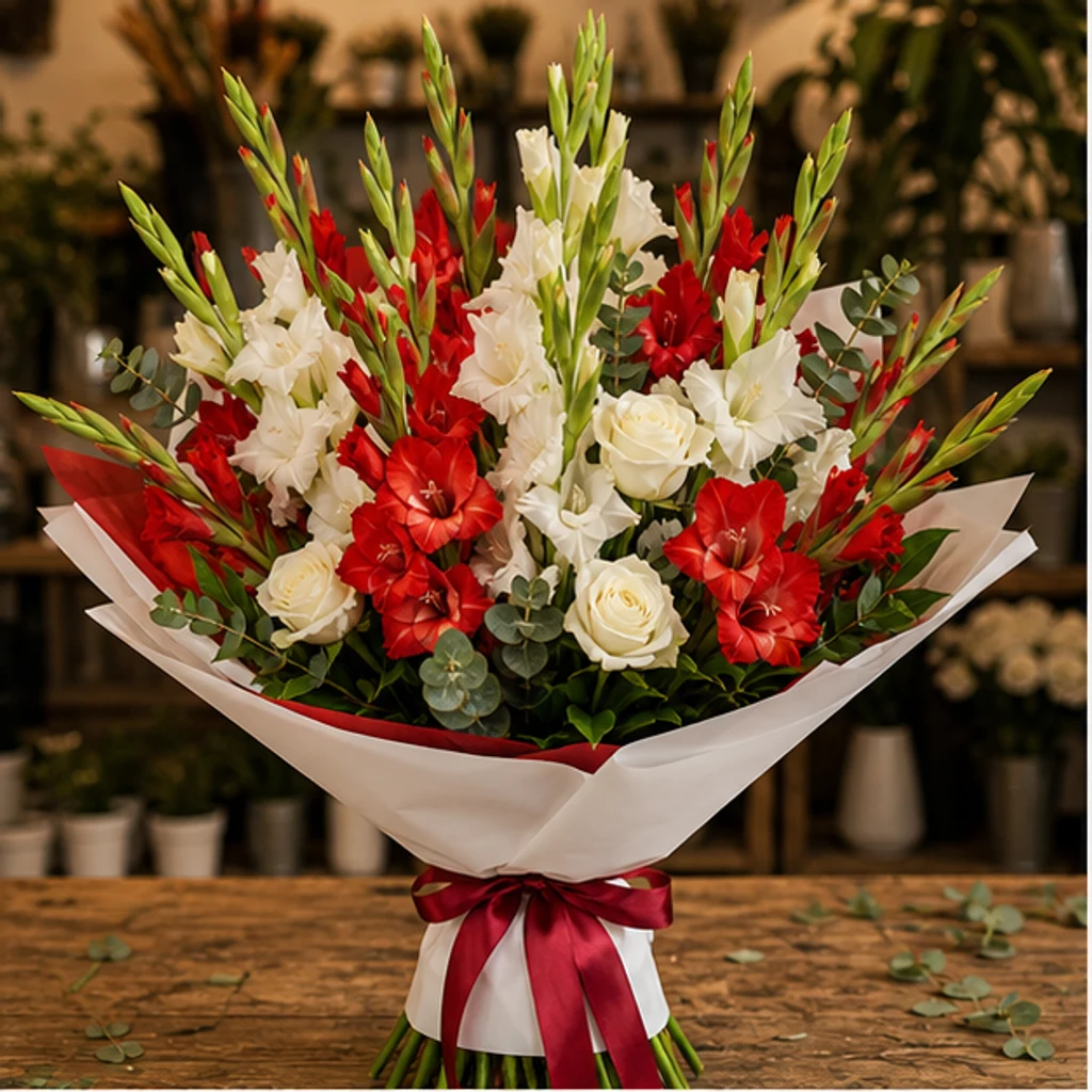 Buchet gladiole premium rosu alb - poza 1