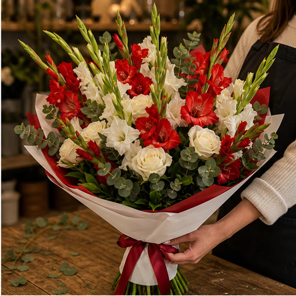 Buchet gladiole premium rosu alb - poza 2