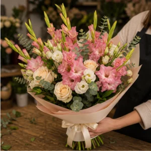 Buchet gladiole premium roz si crem - poza 2