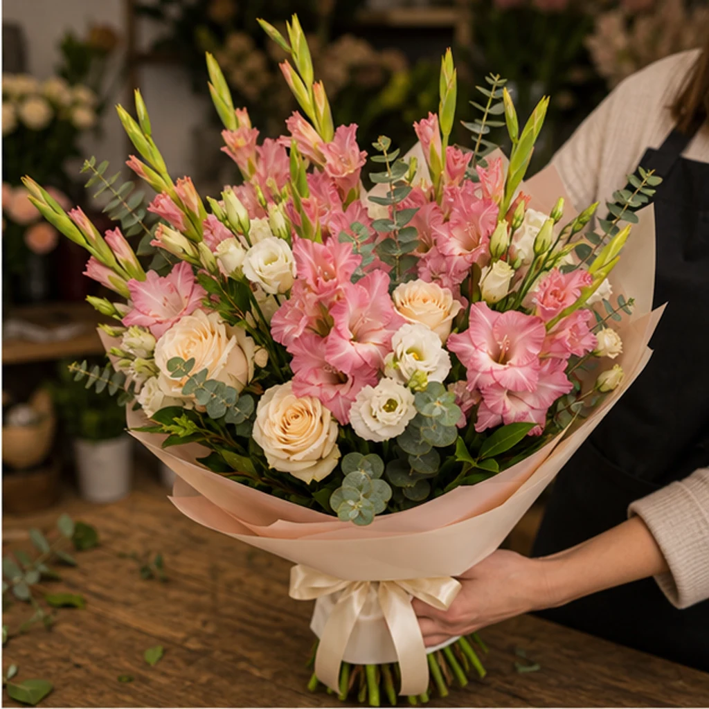 Buchet gladiole premium roz si crem - poza 2