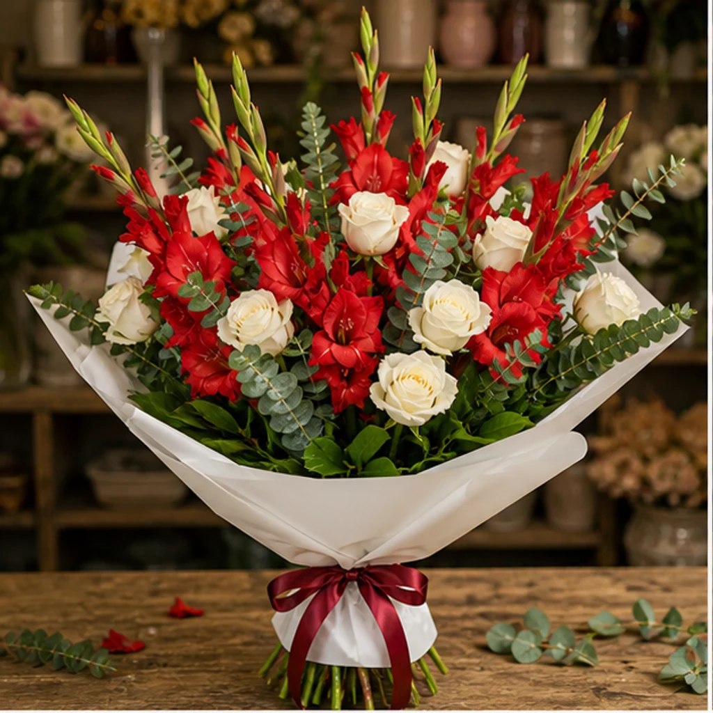 Buchet gladiole rosii cu trandafiri albi - poza 1