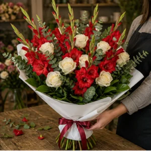 Buchet gladiole rosii cu trandafiri albi - poza 2