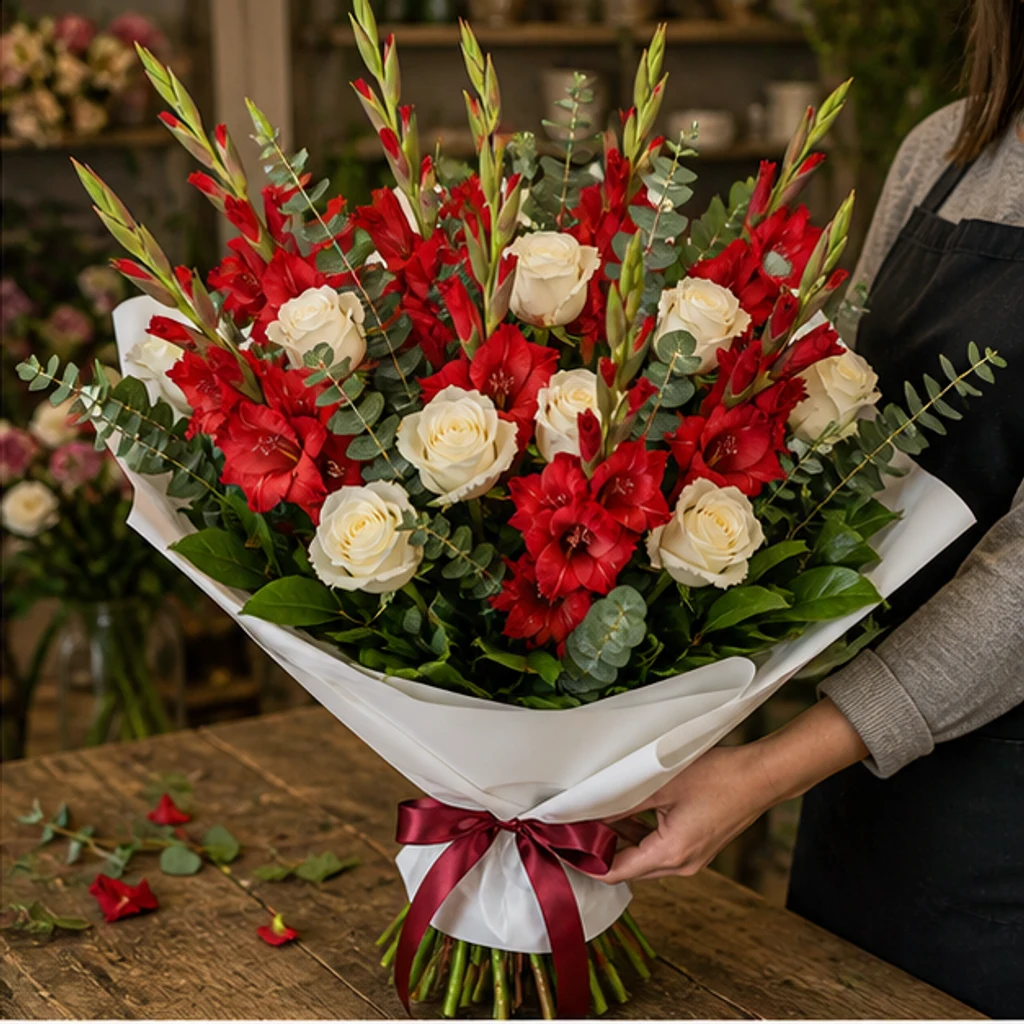 Buchet gladiole rosii cu trandafiri albi - poza 2