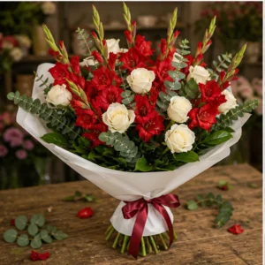 Buchet gladiole rosii cu trandafiri albi - poza 3