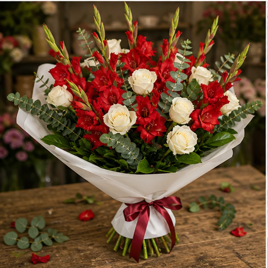 Buchet gladiole rosii cu trandafiri albi - poza 3